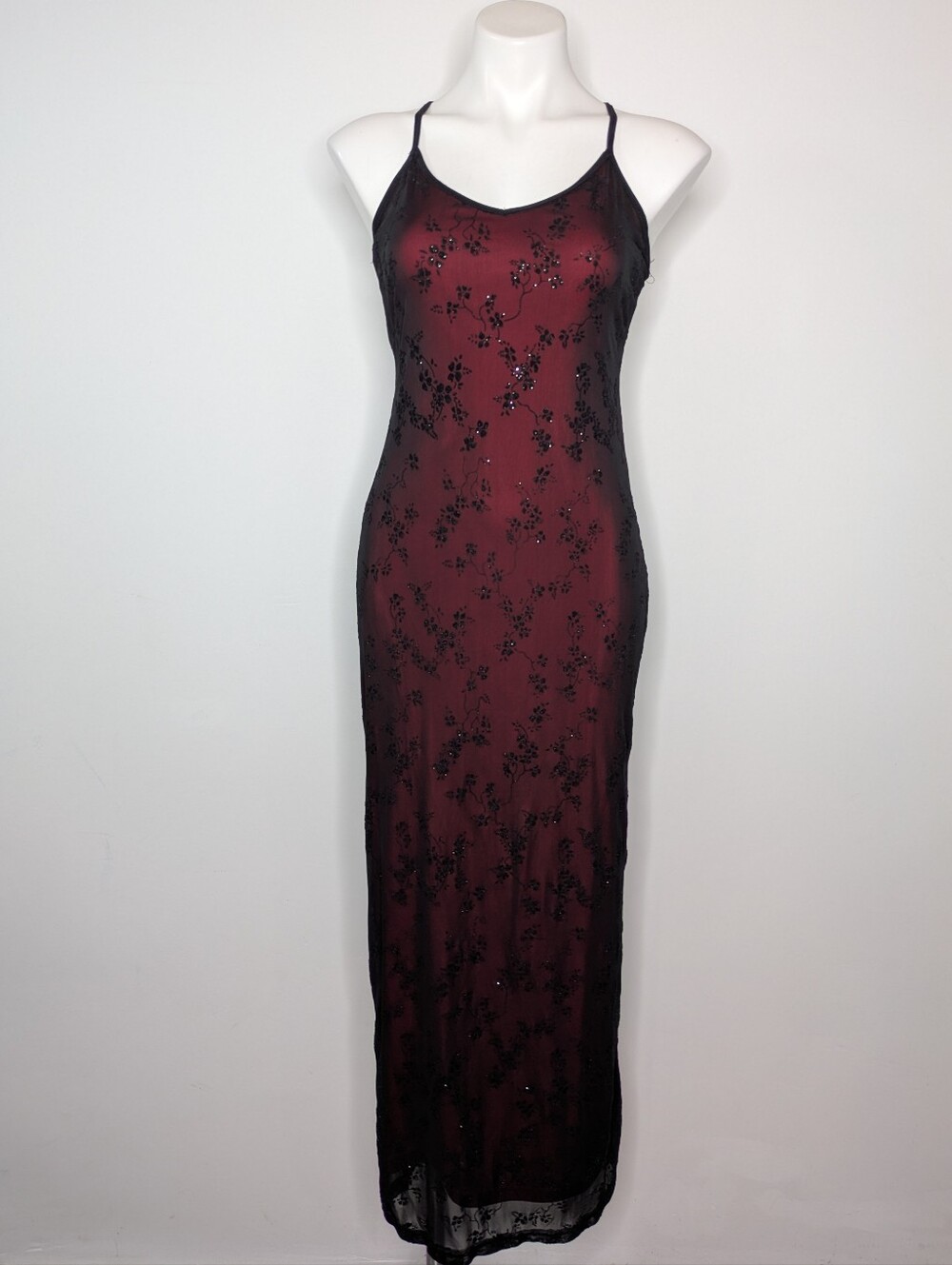 Vintage Y2K Rocket Candy Black Red Floral Velvet Spaghetti Strap Maxi Dress M